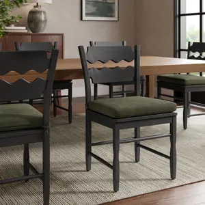 Jax Oak Wood Dining Chair With Wavy Razor Back and Cushion in Black Sage