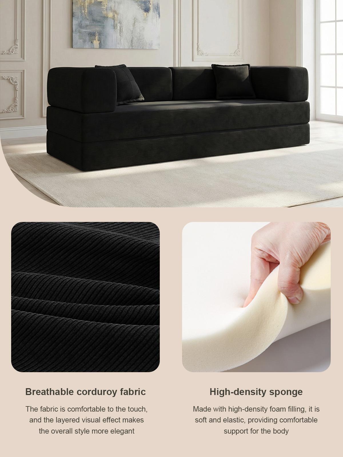 Compressed sofa, 79-inch convertible sofa bed, fixed frame, removable armrests, modular corduroy sofa bed, folding mattress sofa, suitable for small spaces - no assembly required, includes two pillows, black.