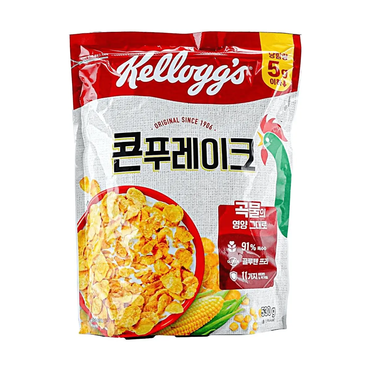Kellogg's Corn Flakes Cereal, Korean Version, 530g - 91% Corn, Gluten-Free, Fortified with 11 Vitamins & Minerals, Original Breakfast Staple