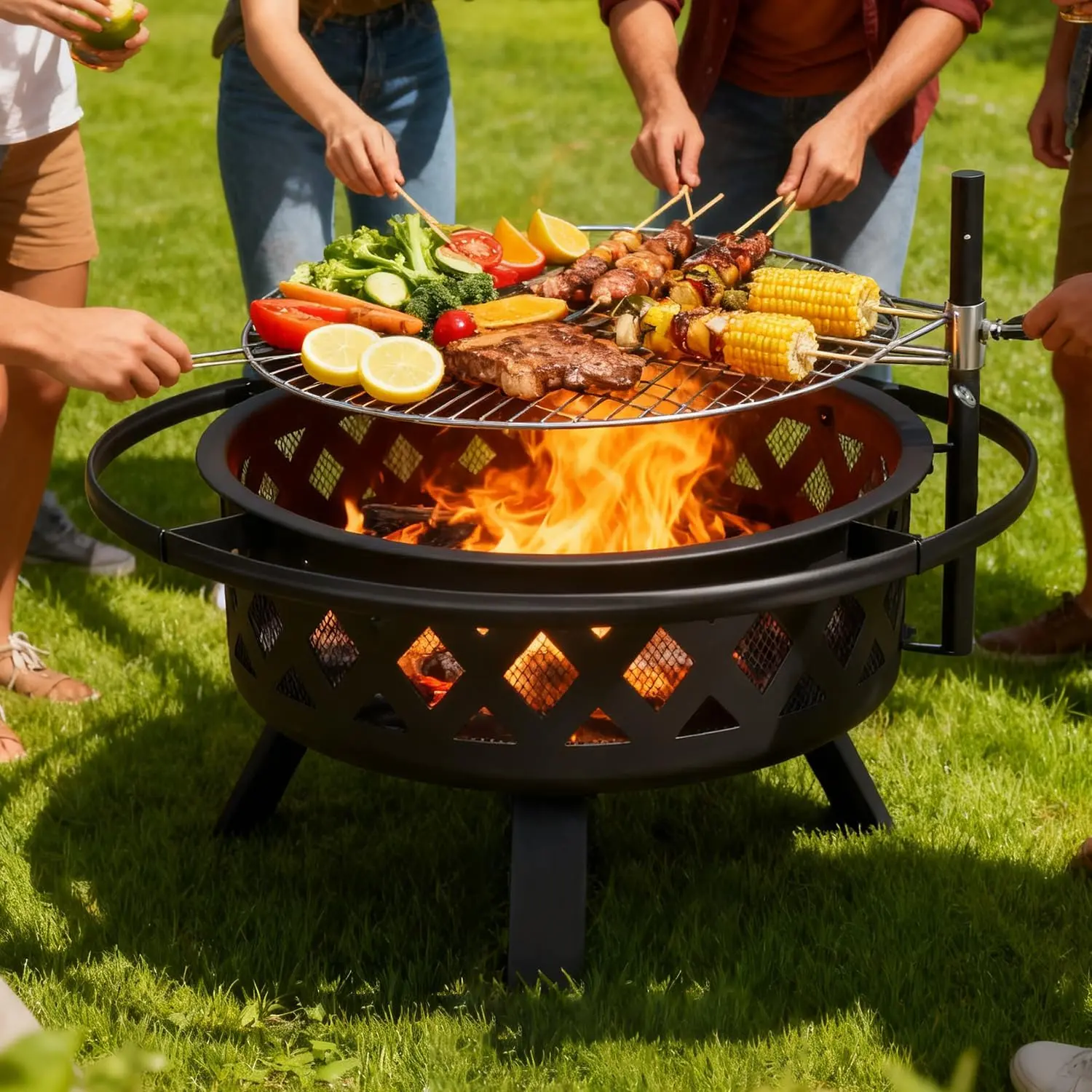 Aoxun 2-in-1 Fire Pit Set - Metal Stove, Steel Grill Bowl, Portable Wind-Resistant Stable Dual Grill Combo, Mobile Outdoor Wood Burning Barbecues for Garden, Camping