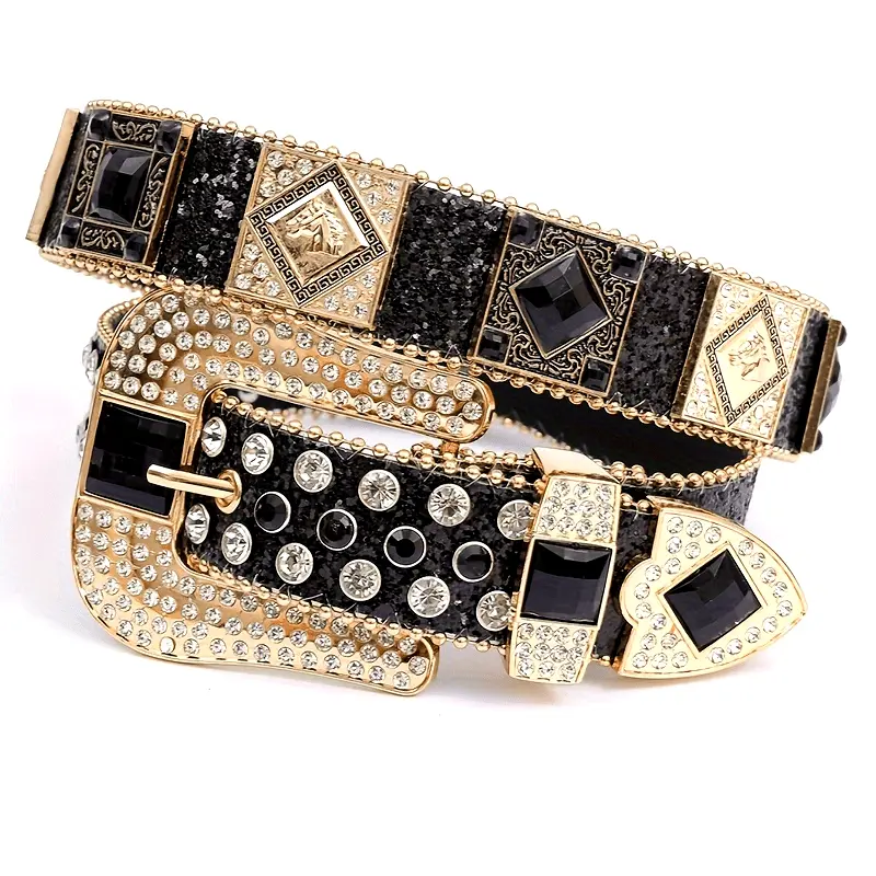 unisex Y2K Rhinestone Streetwear Belt - Hip Hop Waist Chain Style, Adjustable Ratchet, Black Leather PU