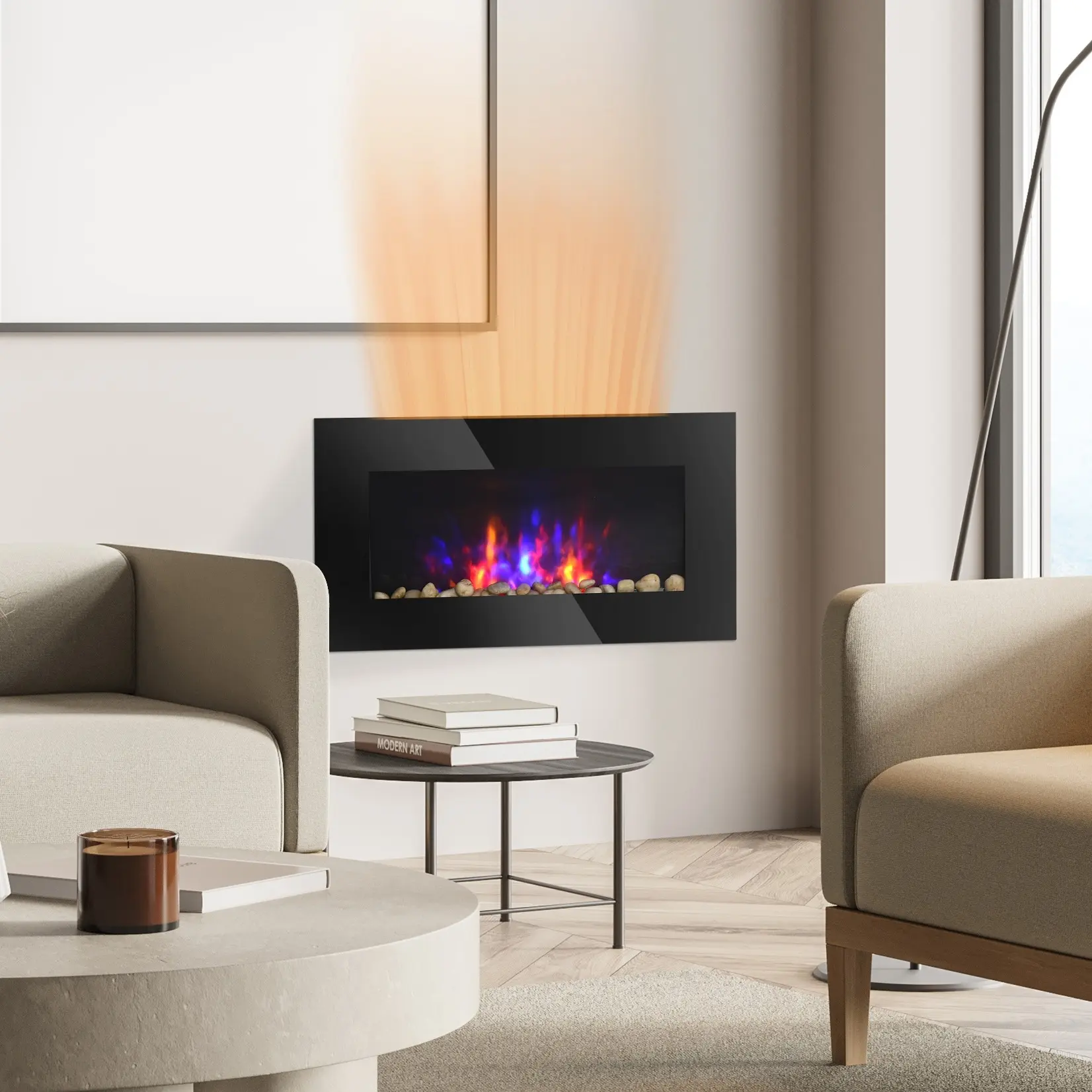 HOMCOM 1500W Electric Wall-Mounted Fireplace with Flame Effect, 7 Color Background Light, Black