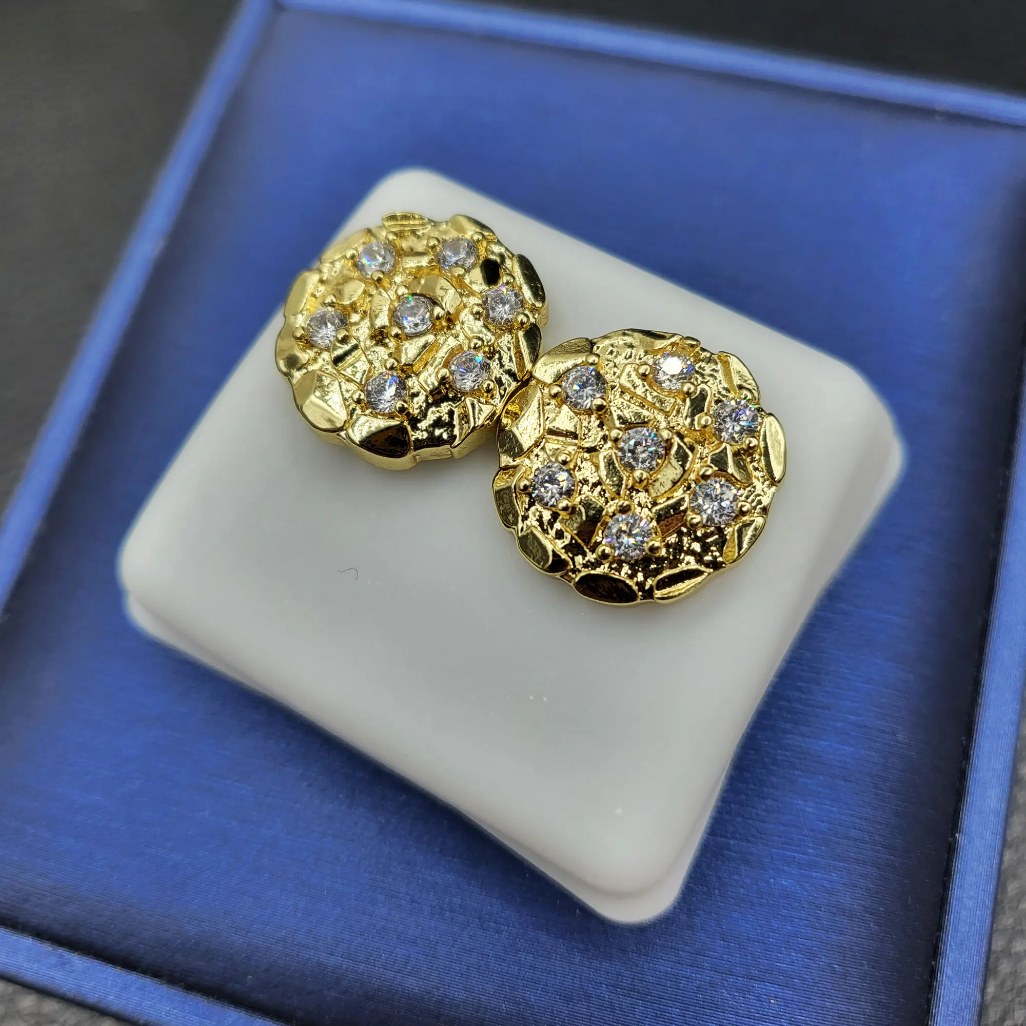 14K Gold Plated Brass Golden Nugget Cookie with Cubic Zirconia| Sizes XS8 / S10 / M12 / L14 / XL16 small women men's Black Heart Tassel Long nikki reed jewelry spicy Magnetic Stainless Steel Set lizard whimsical thick pierced princess screw back ear cryst