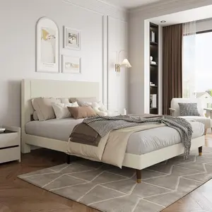 Queen Size Bed Frame with Upholstered Headboard and Strong Wooden Slats Support, Soft Corduroy Fabric Platform Bed, No Boxing Spring Needed, Beige wingback design