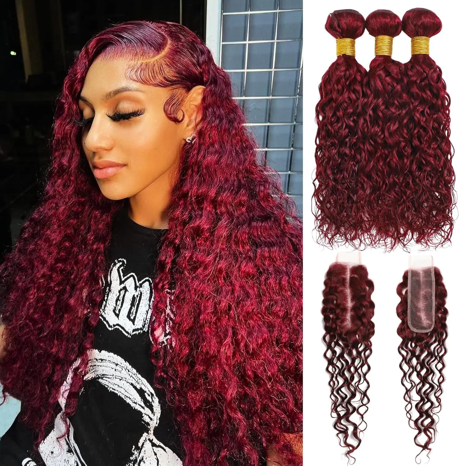 ALHER Long Deep Part 2x6 HD Lace Closure with Bundles Human Hair 99j Dark Burgundy Water Wave Cherry Wine Red Colored 3 Bundles with 4x4 Lace Closure Human Free Part HD Lace Closure with Bundles Wet n Wavy Cherry Wine Red Color Extension
