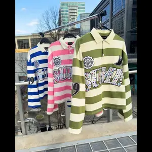 New Sume Gem Stone Embroidery Rugbys Long Sleeved T-shirt Men Women Harajuku Hip Hop Stripe Polo Shirt Classics Lapel Neck Shirt