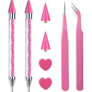 Pink Rhinestone Picker Tool Set - 2 Pcs Dual-Head Wax Pens with 2 Wax Tips and 2 Pink Tweezers, Wax Pencil for Rhinestones, Crystal Diamond Pickup Tool for Nail Art, Gem and Crystal Application Kit