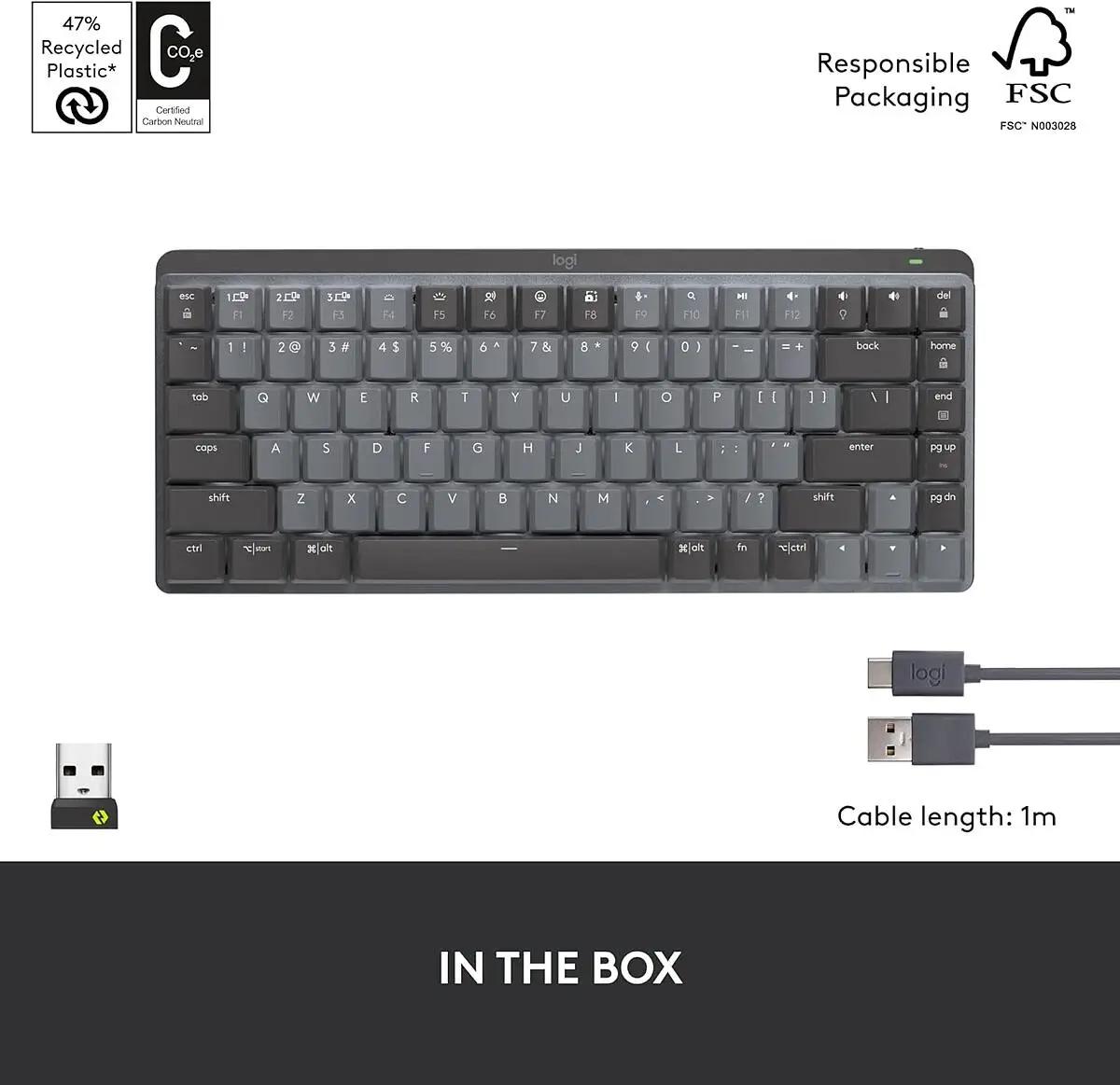 Logitech MX Mechanical Mini Wireless Illuminated Keyboard, Clicky Switches, Backlit, Bluetooth, USB-C, macOS, Windows, Linux, iOS, Android, Graphite