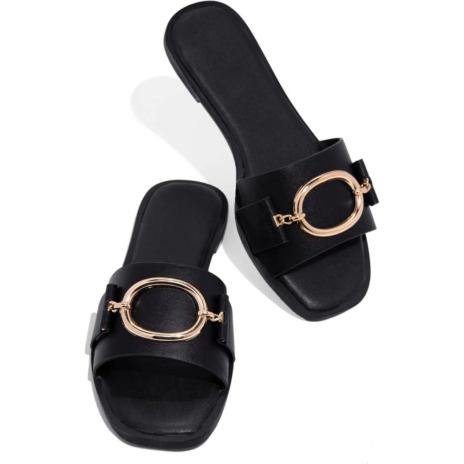 Coutgo Womens Square Toe Dressy Summer Slide Sandals Flat Low Heel Big Metal Chain Slip On Party Slippers Shoes tiktokshopbacktoschool