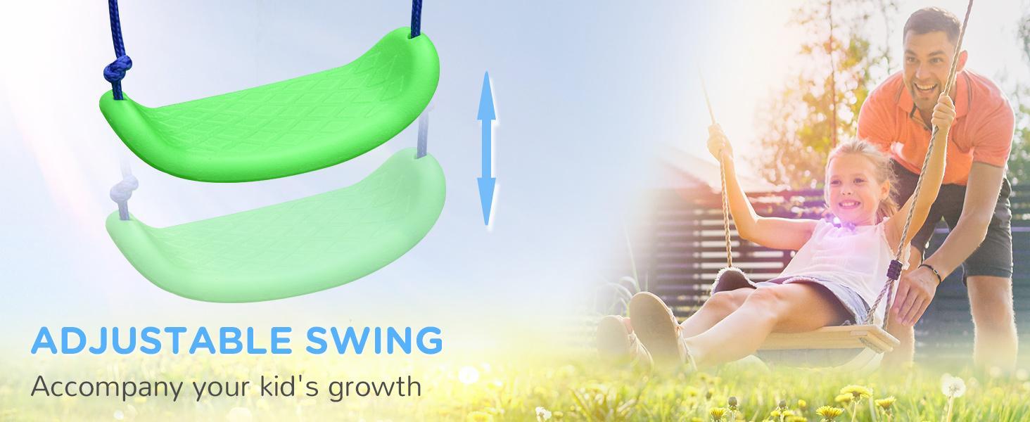 Outsunny Metal Swing Set with Glider, Two Swing Seats and Adjustable Height, Outdoor Heavy Duty A-Frame Suitable for Playground, Backyard, Green Wooden Slide Durable