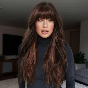 Scarlett-DWY 24 Inch Long Wavy Wig with Bangs | Chestnut Brown with Caramel Highlights | Synthetic Hair for Women | Natural Daily Wear Wig