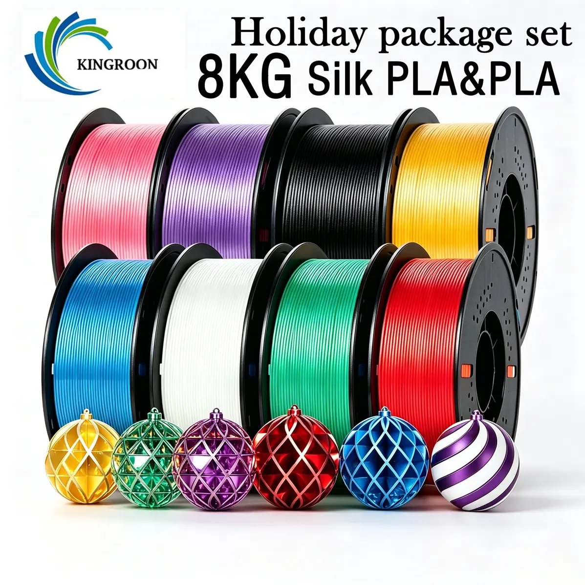 KINGROON 8-Spool PLA & Silk PLA Filament Bundle Set, 1.75mm ±0.02mm High Precision, Easy to Print, Tangle-Free for FDM Printers, Holiday-Themed 3D Printing Supplies for All Users, Silk Finish