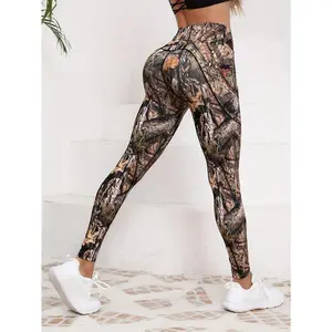 Women's Camo Print Yoga Leggings, High Stretch Polyester Knit Fabric with Pockets, Casual Long Length Plant Pattern Activewear for All Seasons, Flexible Clothing |       Sporty Design |       Smooth Fabric
