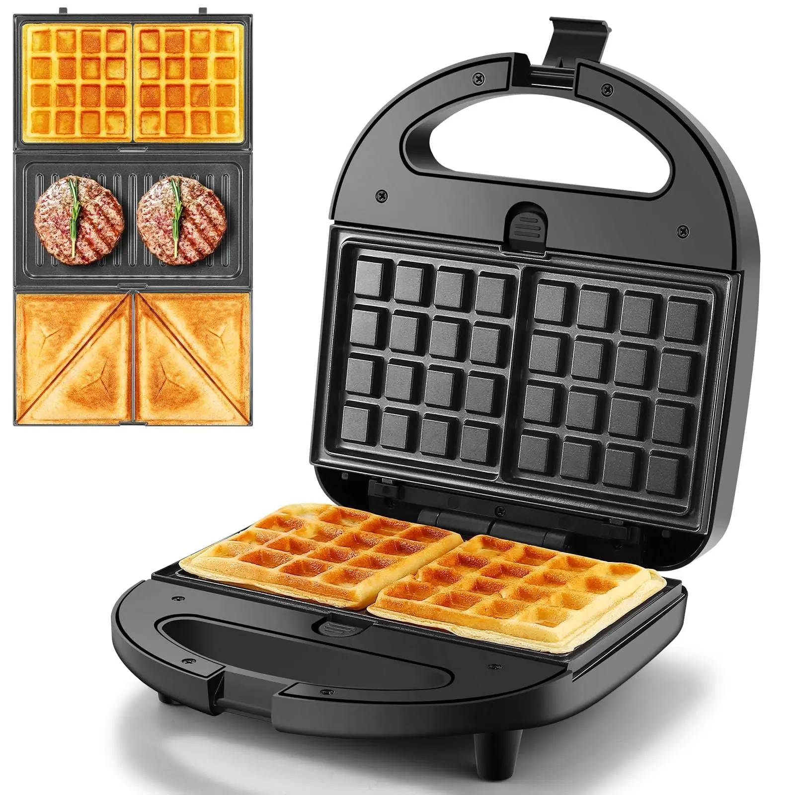 OSTBA 3-in-1 Multi-Cook Kitchen Appliance - 3-in-1 Cooking, 750W Quick Heat Electric Grill with Cooltouch Handle, Crisp Double Heat, Interchangeable Non-Stick Removable Dishwasher Plates, Compact Small Footprint Black Appliance for Sandwiches, Steak