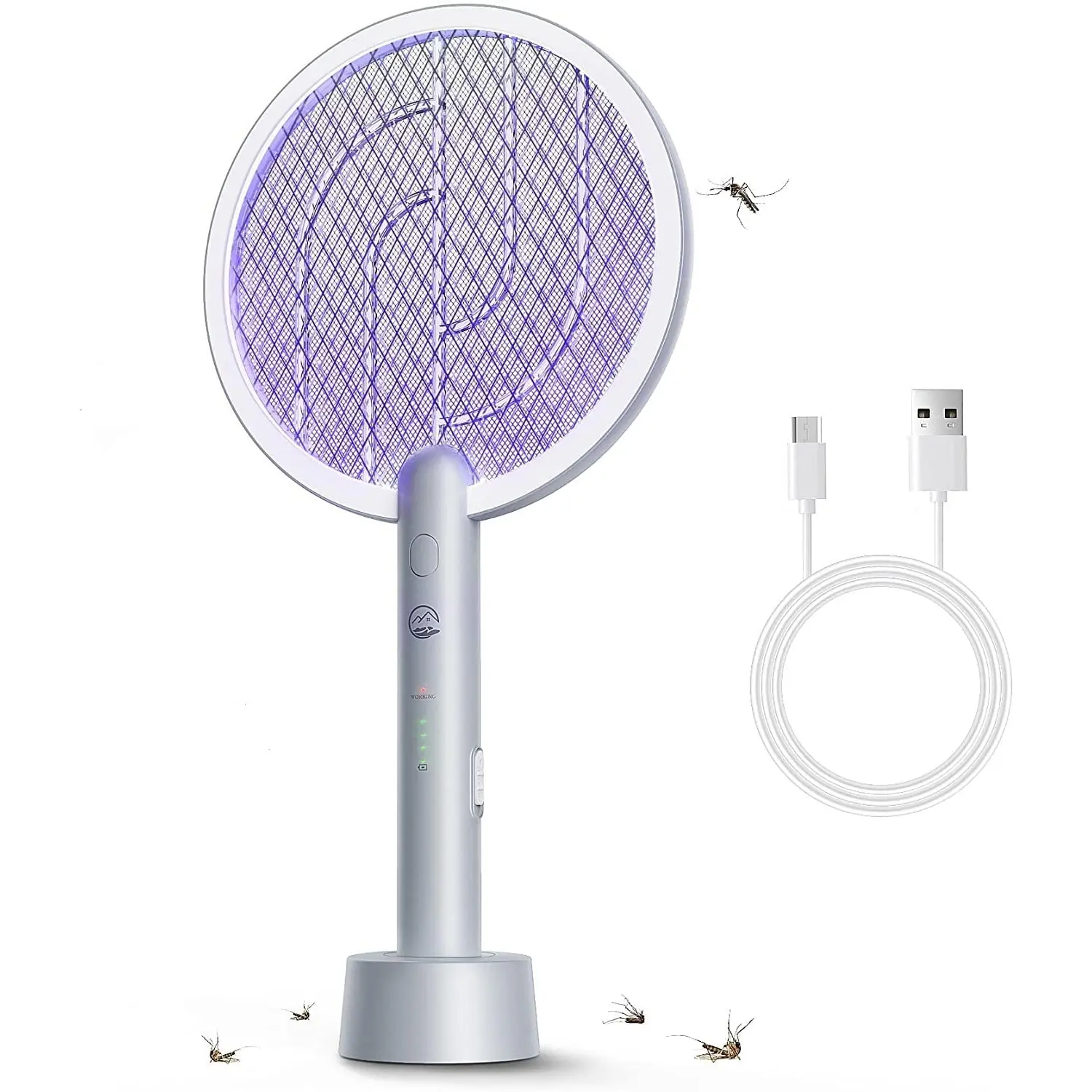 Rechargeable Electric Fly Swatter Racket with Base Stand, 2-in-1 Pest Control Bug Zapping Mosquito Killer, 4000V Handheld, 1800mAh Battery, Blue Light, 3-Layer Safety Mesh for Indoor Home Patio Use