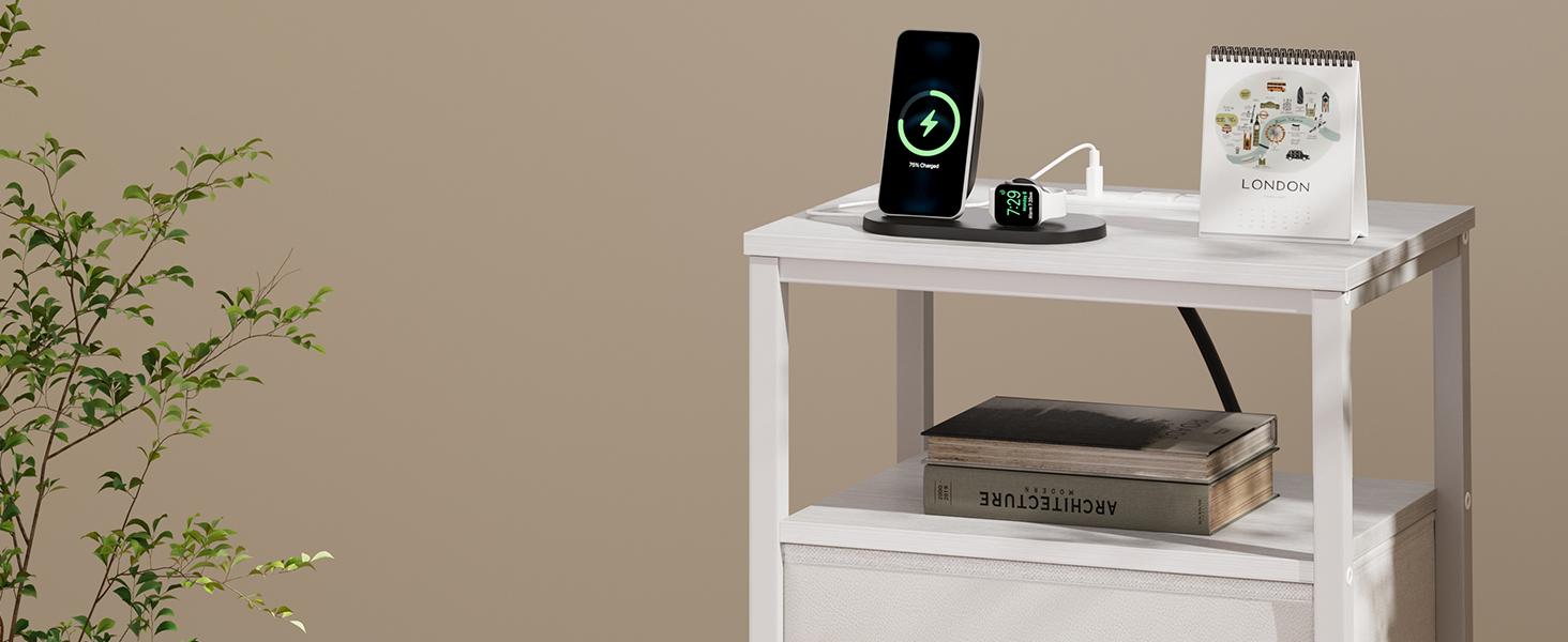 Nightstand with Charging Station and 2 Fabric Drawer, Bedside Table Furniture with USB Ports and Outlets