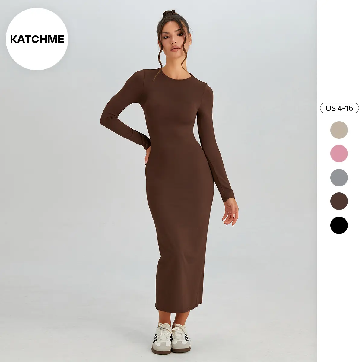 KatchMe Women's Elegant Solid Color Round Neck Long Sleeve Slinky Maxi Dress, Comfort Women's Clothing for Spring & Fall, Chic Summer Casual Wear
