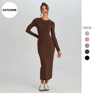 KatchMe Women's Elegant Solid Color Round Neck Long Sleeve Slinky Maxi Dress, Comfort Women's Clothing for Spring & Fall, Chic Summer Casual Wear