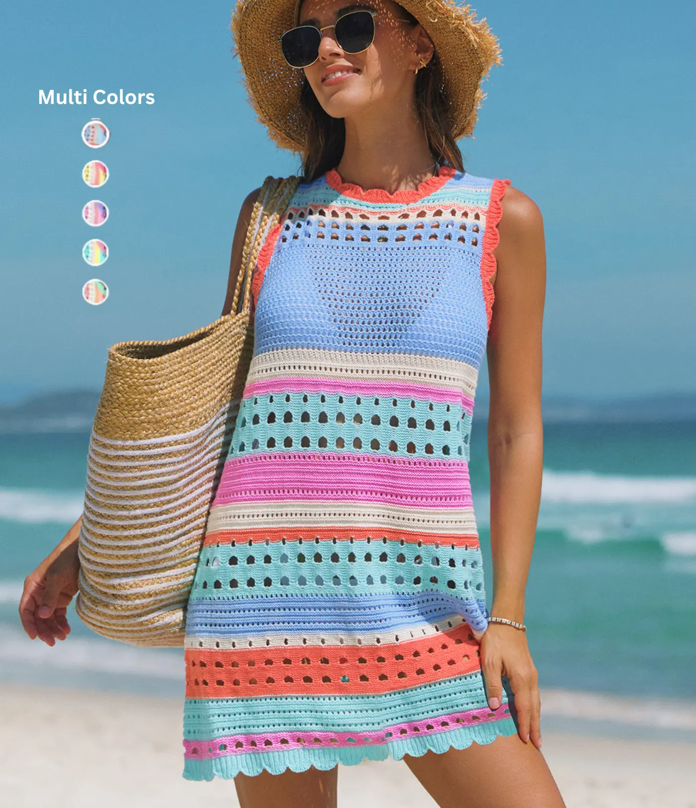 POPVIL Women’s Color Contrast Crochet Knit Swim Cover-Up Dress, Swimwear Coverups for Beach Outfits, Vacation-Ready, Women's Clothes, Clothes For Women