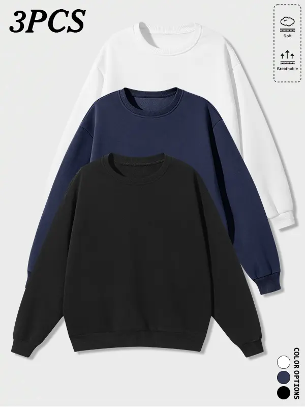 3-pack men’s crewneck sweatshirts, classic basic crewneck fit with drop-shoulder loose silhouette—easy to mix and layer for versatile everyday outfits.
