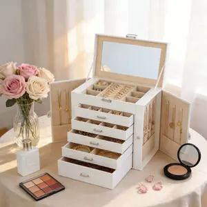 BOOVO 6-Tier Large Jewelry Box Organizer with Lock, Anti-Tarnish Lining & Built-in Mirror, Minimalist Jewelry Storage Case with Double Side Doors, Gift for Women