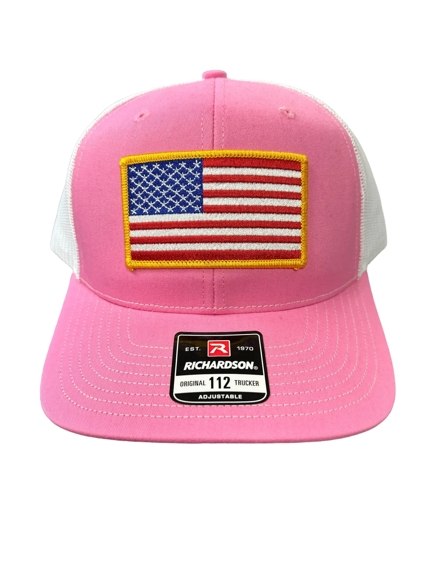 American Flag Patch Richardson 112 Trucker Hat (PINK/WHITE) - GOLD BORDER