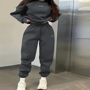 Two-piece Set Women's Letter Print Drop Shoulder Sweatshirt & Elastic Waist Sweatpants, Round Neck Long Sleeve Pullover Leisure Wear Top & Pocket Jogger Pants, Ladies Two-piece Matching Outfits for Fall & Winter Cute Going  Womenswear Suits Sweater Casua