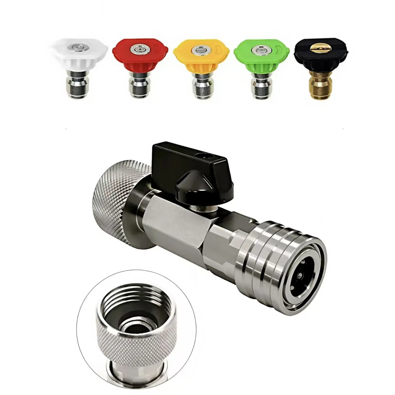 Stainless steel garden hose to high-pressure washer adapter: converts a 3/4-inch GHT connector to a 1/4-inch quick connector, leak-proof design, with 0°, 15°, 25°, 40°, and 65° adapter nozzles, suitable for driveway cleaning.