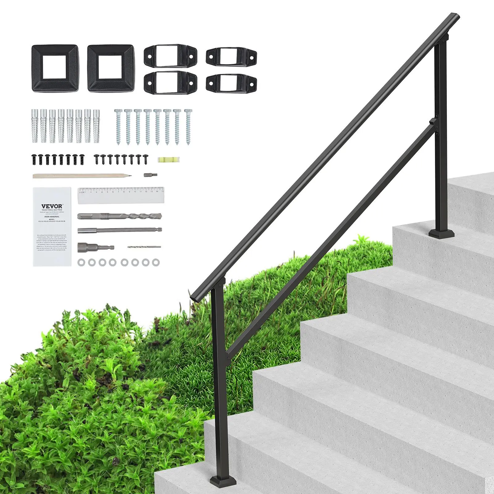 【SummerFinds】VEVOR Handrails for Outdoor Steps,  5-6 Step Stair Hand Rail Kit, Transitional Carbon Steel Railings with Installation Kit, Stair Rails for Seniors, Concrete Steps & Porch & Deck, Black Square Tube