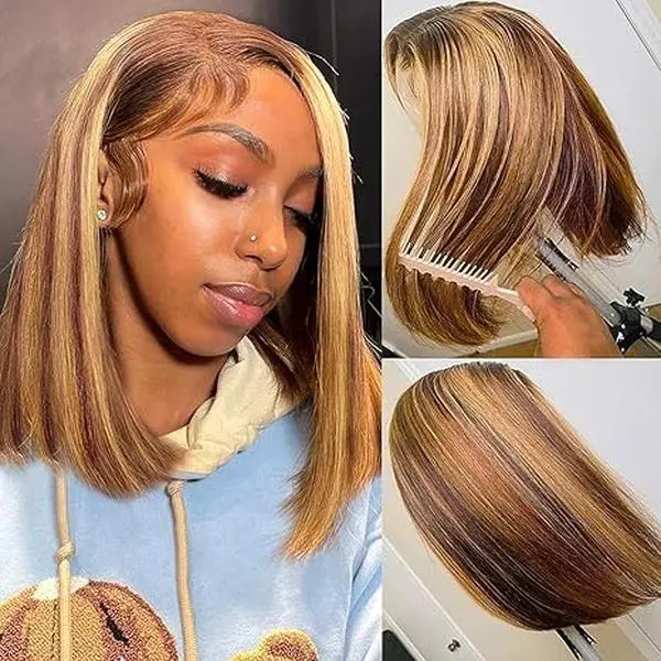 Bob Lace Closure Wig Human Hair Highlights 4/27 ombre honey blonde Wear and Go Glueless bob Wig 16 Inch 180 Density Pre Plucked With Baby Hair Hd Transparent Lace Ombre Blonde Color Wig summerwins
