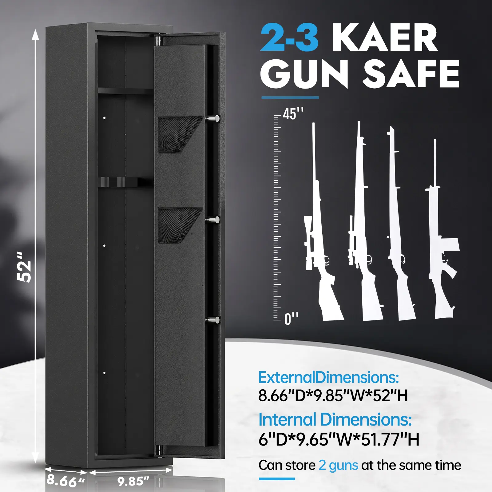 KAER 2-3 Gun Safe for Rifles & Pistols, Assembled Electronic Lock Gun Cabinet with Alarm, LED Light & Removable Shelf, Compact 52" Slim Closet Gun Cabinet for Bedroom Closet Home Defense, No Assembly Required
