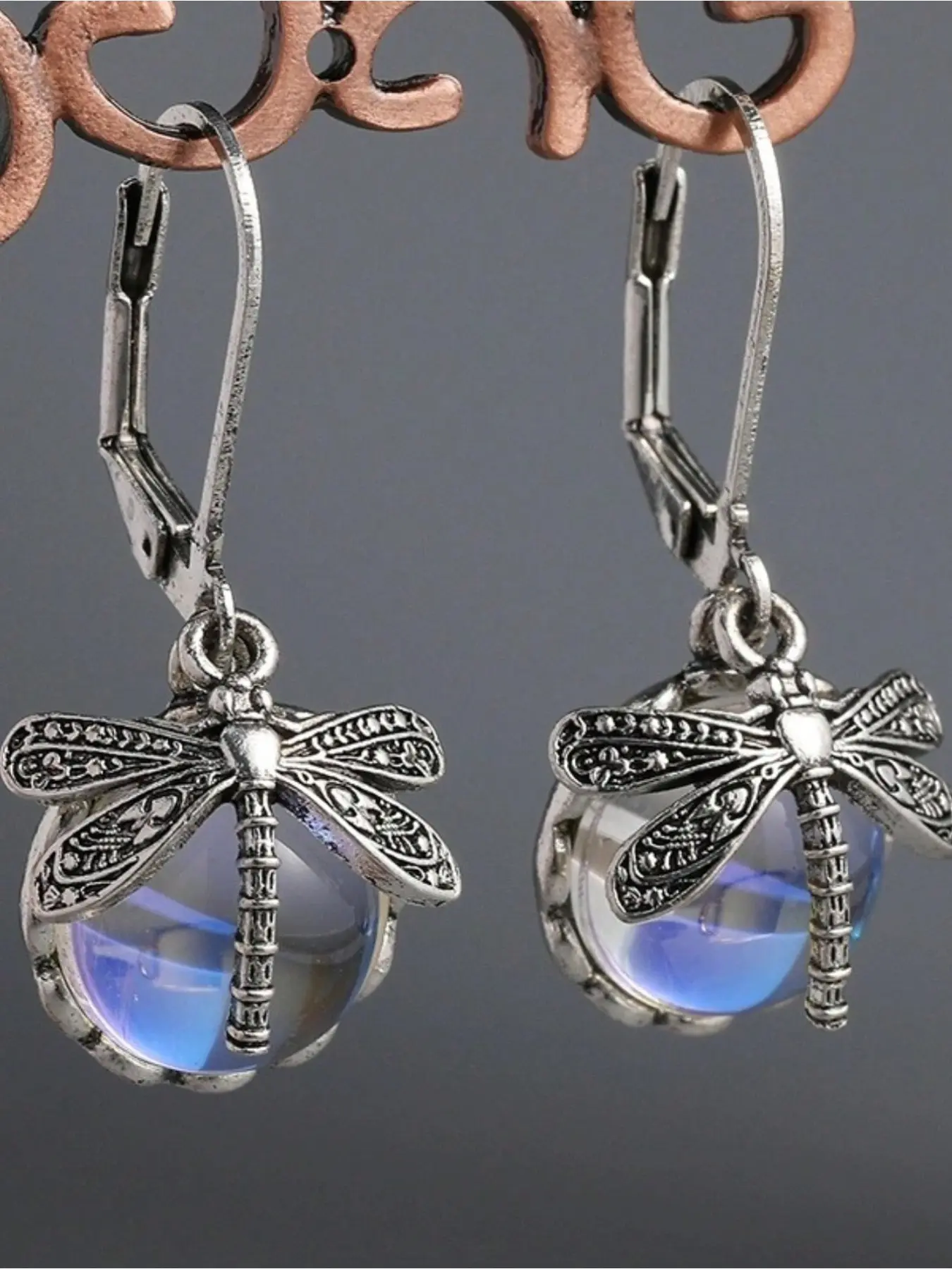 [Vintage Dragonfly Earrings] Vintage Copper Dragonfly Statement Earrings with Moonstone Accents - Fashionable Exquisite Tribal Craftsman Carved Design, Perfect for Women, Ideal for Festivals, Banquets, and Parties, Jewelry, Party Festival Earrings