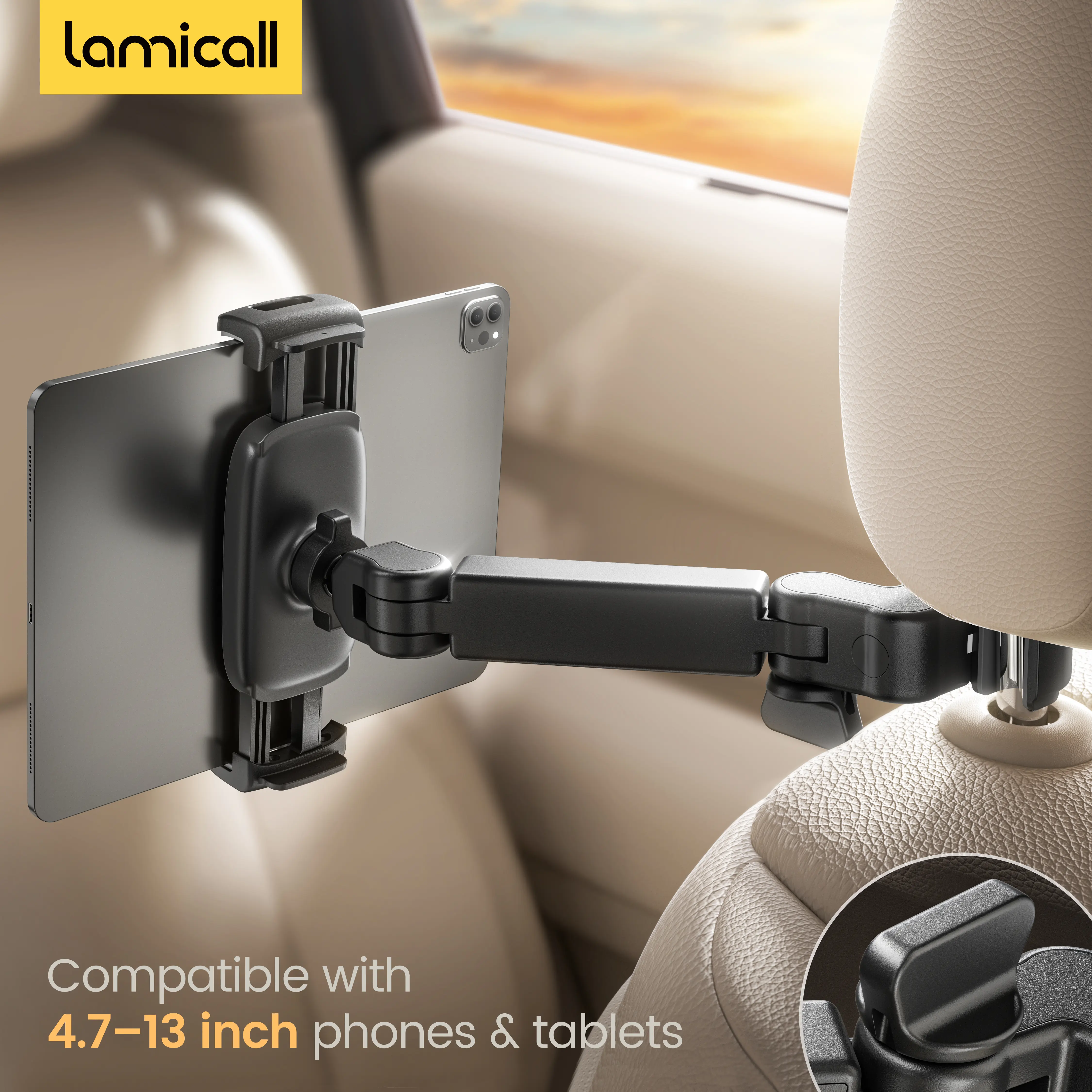Lamicall Car Headrest Tablet & Phone Mount - 3-in-1 Adjustable Extension Arm Back Seat Holder, Auto Accessories, Fits 4.7-11" Devices (iPad, Galaxy, Fire HD), Road Trip Essential for Kids, Black, Car Phone Mount, Car Cellphone Mount, Phone Holder For Car
