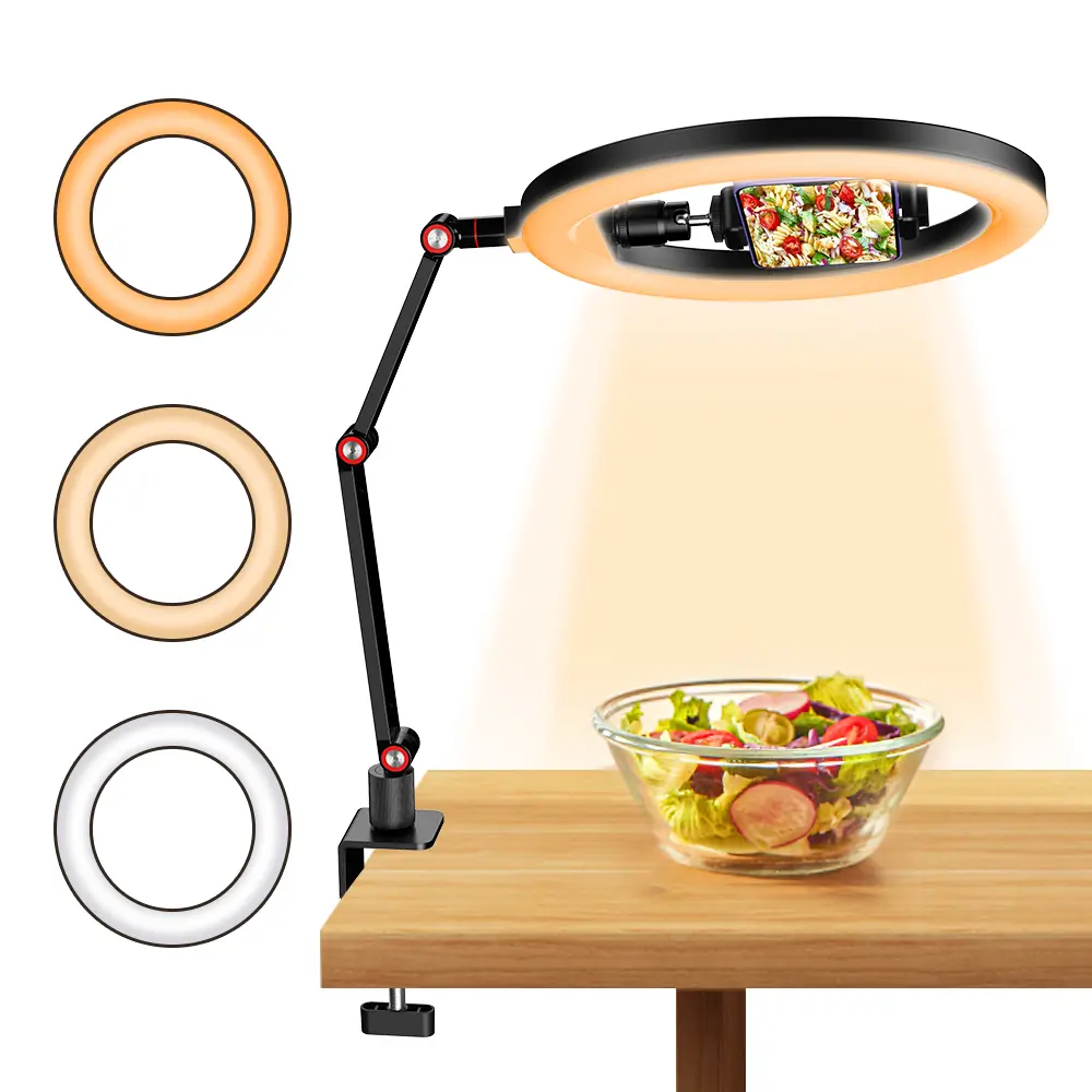 Apexel 10in Overhead Ring Light for Desk with Stand, Phone Holder, 360° Rotatable Arm, 3 Color Modes, USB Power, C-Clamp Mount – Camera/Smartphone/Cellphone Accessories for Makeup, Live Stream, Bluetooth, Mobile