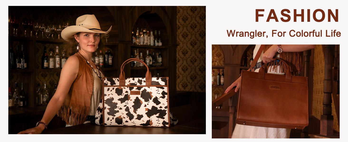 Wrangler Heavy-Duty Carry-All Large Capacity Tote Work Laptop Bag with Leopard Print & Detachable Strap for Women's Commute & Everyday Use - Commuter Purse