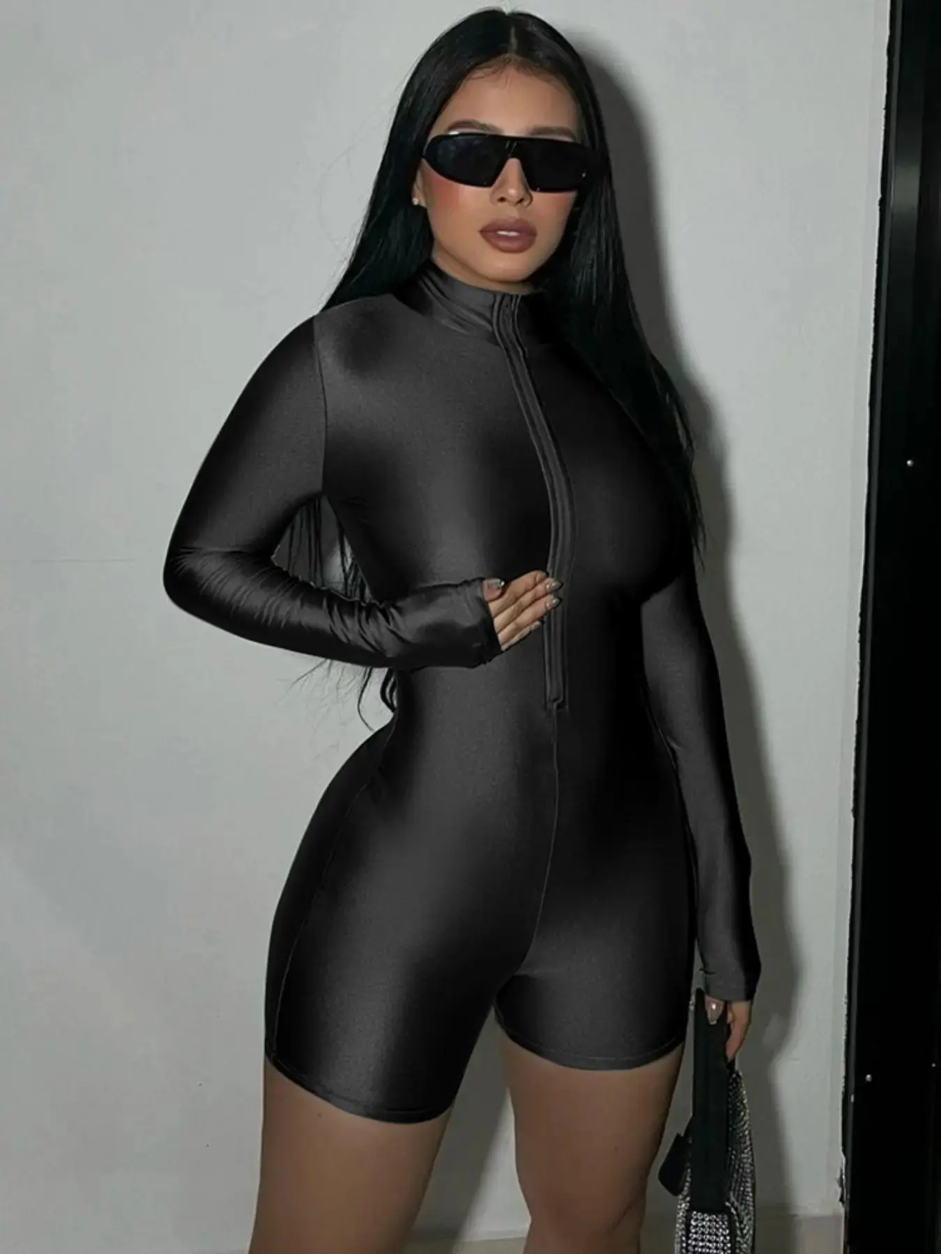 Women's Solid Zip Up Mock Neck Bodycon Romper, Casual Long Sleeve Jumpsuit for Fall & Winter, Women's Clothes for Daily Wear