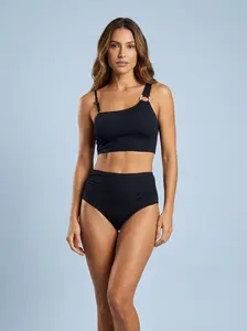 Sunkiss Women’s Two Piece Swimsuit Asymmetrical Crop Top High Waisted Bikini Set Tummy Contro Stretchy Minimalist Beach Vacation Swimwear