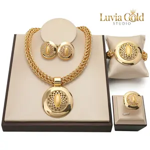 Luvia Gold Studio 4PCS Luxury Jewelry Set for Women Gold Plated Big Round Filigree Pendant Necklace Bracelet Earrings Ring Weddings Proms Anniversaries Formal Events Valentine's Gift
