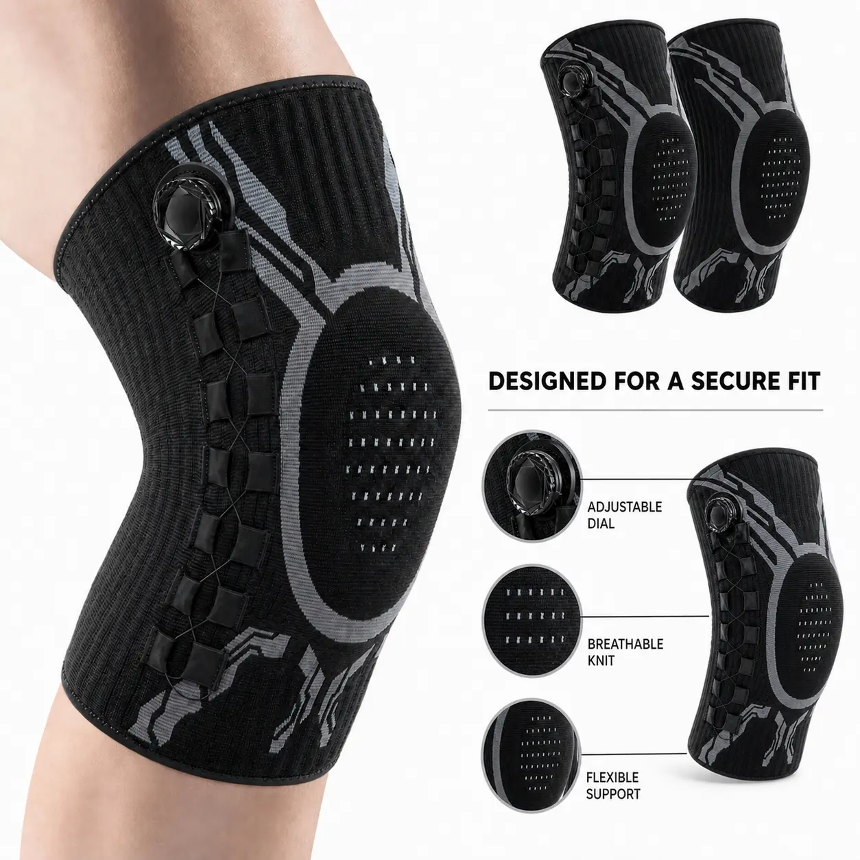 Professional Dial Knee Brace with Patella Gel Pad, Adjustable Compression Knee Sleeve with Dual Side Stabilizers for Knee Support, Sports & Workout,Knee Brace Support