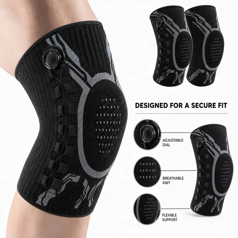 Unisex Adults' Professional Dial Elastic Knee Brace - Padded Patella Gel Pad, Adjustable Compression Support, Dual Side Stabilizers, Stretchy Sporty Protective Gear for M/XXL, Fitness, Outdoor Activities, Patented Dial System