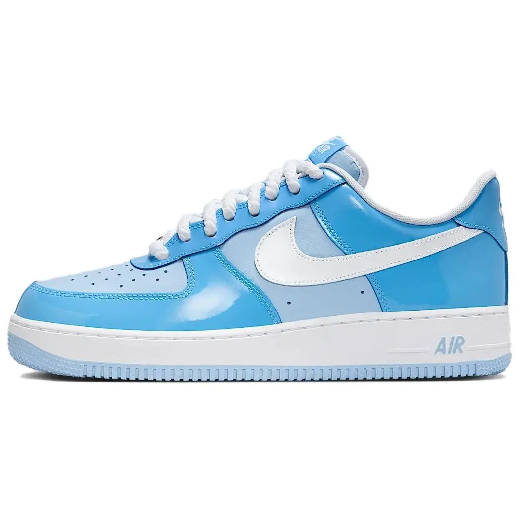 Unisex Nike Air Force 1 '07 LV8 Psychic Blue Patent Low-Top Sneakers - Classic Sports Footwear with Bold Patent Shine, Red Accent, Low Profile, True to Size, Snug Fit, Rubber Grip Sole, for Street Style Sneakerheads, Casual Wear (Women's Sizes Available)