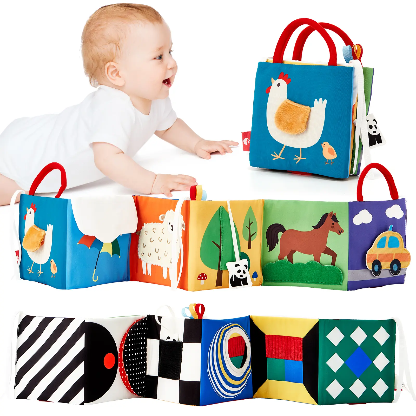 hahaland Cloth Black and White Newborn Tummy Time Toys 0-6 Months - Polyester, Colorful Sides, Crinkly Sounds, Squeak BB Device, Tactile Feel, Visual Stimulation, No Small/Loose Parts, Handles, Portable, Easy Storage - Easter Baby Shower Gifts, No Small O