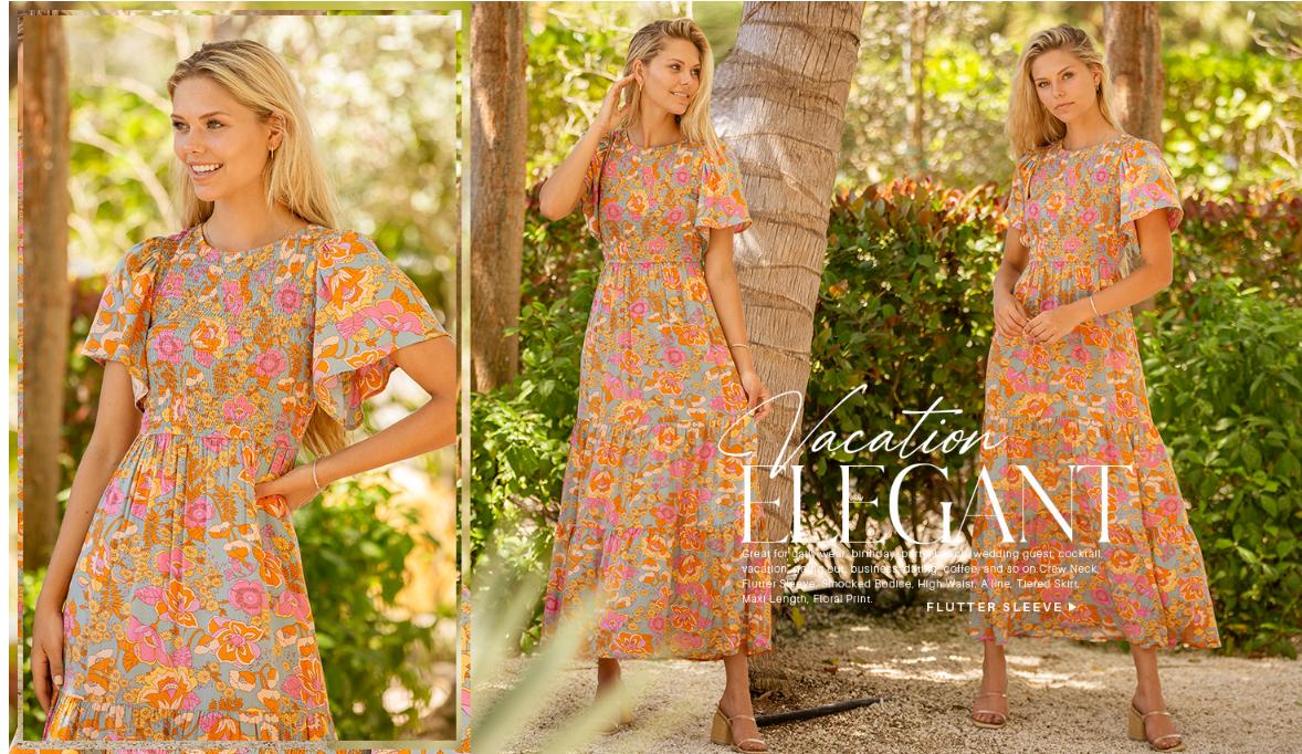 ZESICA Women's 2026 Summer Casual Floral Print Short Flutter Sleeve Crew Neck Smocked High Waist Flowy Maxi Dress