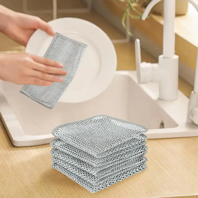 Double-Layer Non-Scratch Wire Dish Cloths, 20x20cm Stainless Steel Mesh Cleaning Towels for Kitchen, Dishes, Sink & Stove | Durable Multi-Purpose Scrub Rags