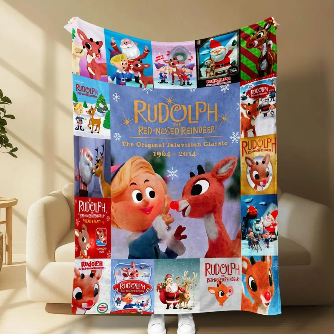 Rudolph the Red-Nosed Reindeer Classic TV Throw Blanket, Vintage Christmas Cartoon Decorative Cozy Soft Warm Gentle Gift Blanket for Home Bedroom Sofa, Perfect Christmas Present for Family, Soft Warm Blanket