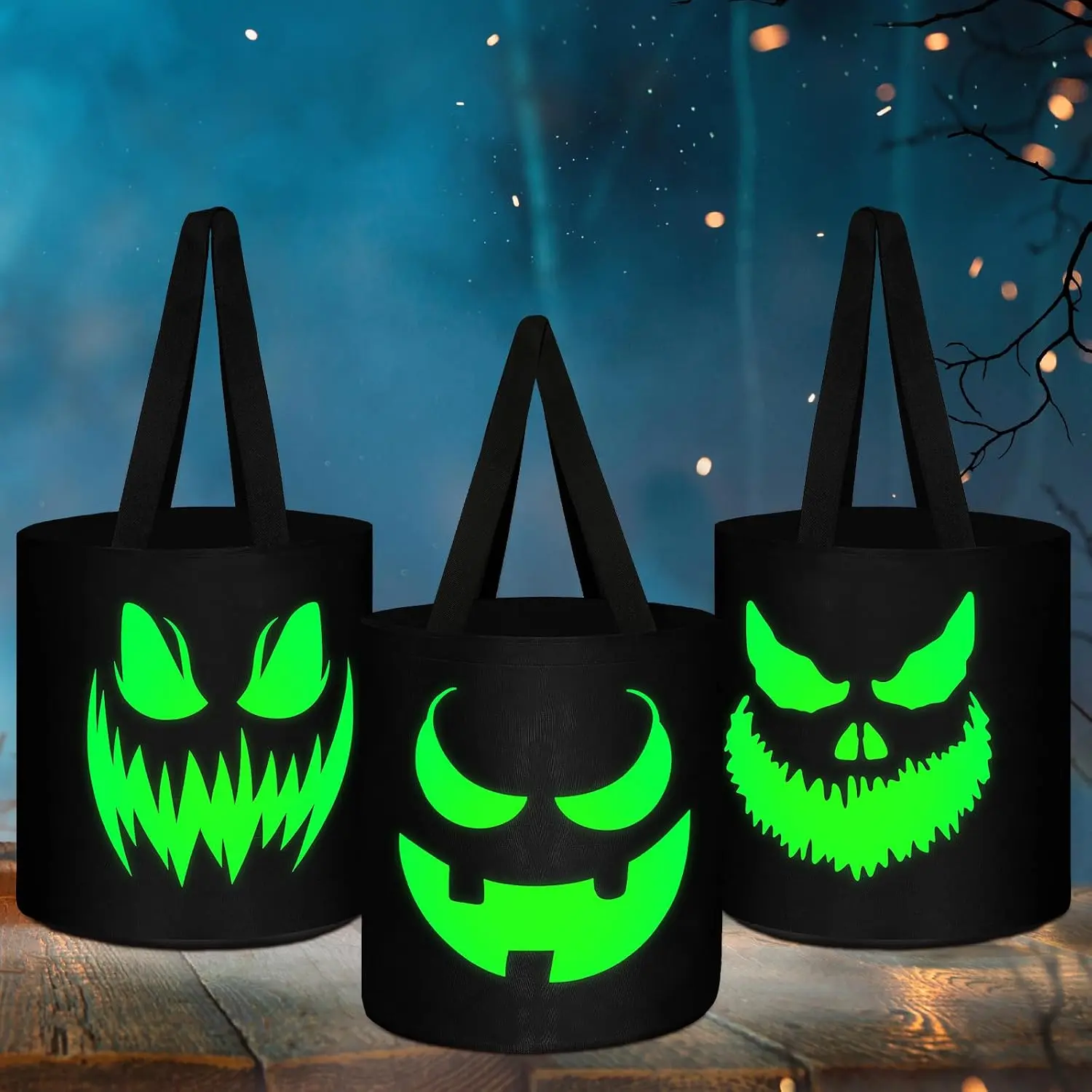 3/6Pcs Halloween Glow in the Dark Trick or Treat Bags, Durable Polyester Fabric Candy Buckets with Handles, Reusable Luminous Spooky Halloween Party Favors