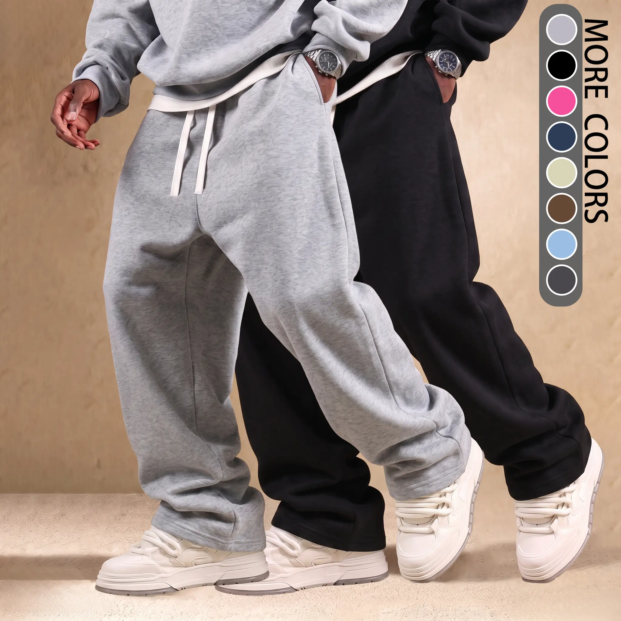 Men's Athletic Pants, Beige Loose Fit Wide-Leg Joggers with Drawstring Waist, Ultra-Soft & Breathable for Running & Fitness, Baggy Sweatpants