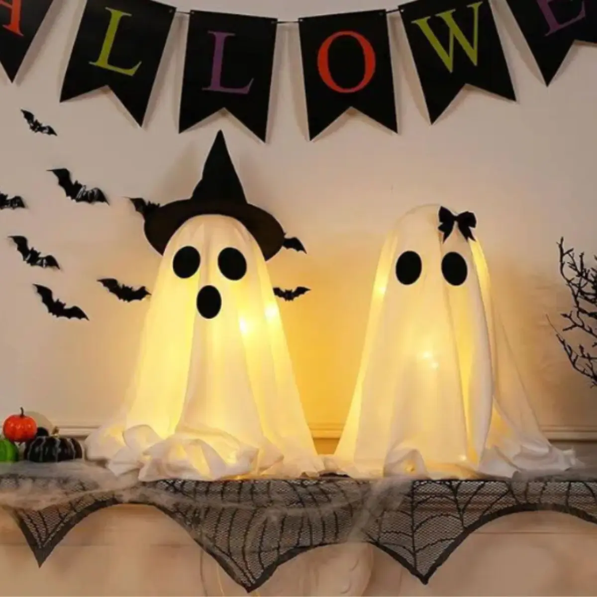 LED Light-Up Fabric Ghost Halloween Decorations - Witch Hat or Bow Accent, Warm Light Indoor Decor for Mantel, Desk, Festive Party Supplies, Witch Hat Ghost, Ghost Face