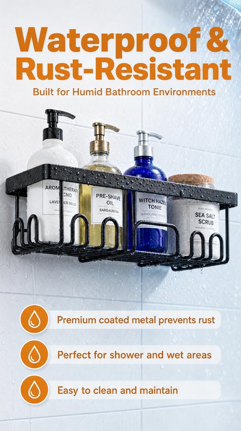 Modern 6-Piece Compact Steel Shower Caddy Rack Set, Stick-On No-Drilling Bathroom Shelves with Soap Holder, Home Bathroom Storage Organizer Essentials Gadgets
