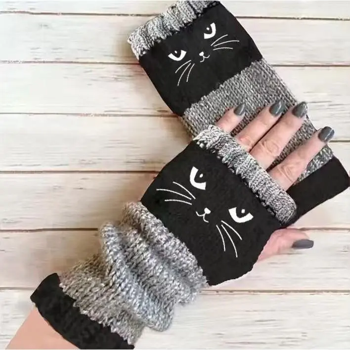 Women's Cute Cat Print Fingerless Knit Gloves - 24cm Soft Suede Outfits Accessories, Color Block Stretchy Warm Wrist Cuffs with Vertical Stitch, Outdoor Touchscreen Tips for Typing Driving, 7 Colors Available